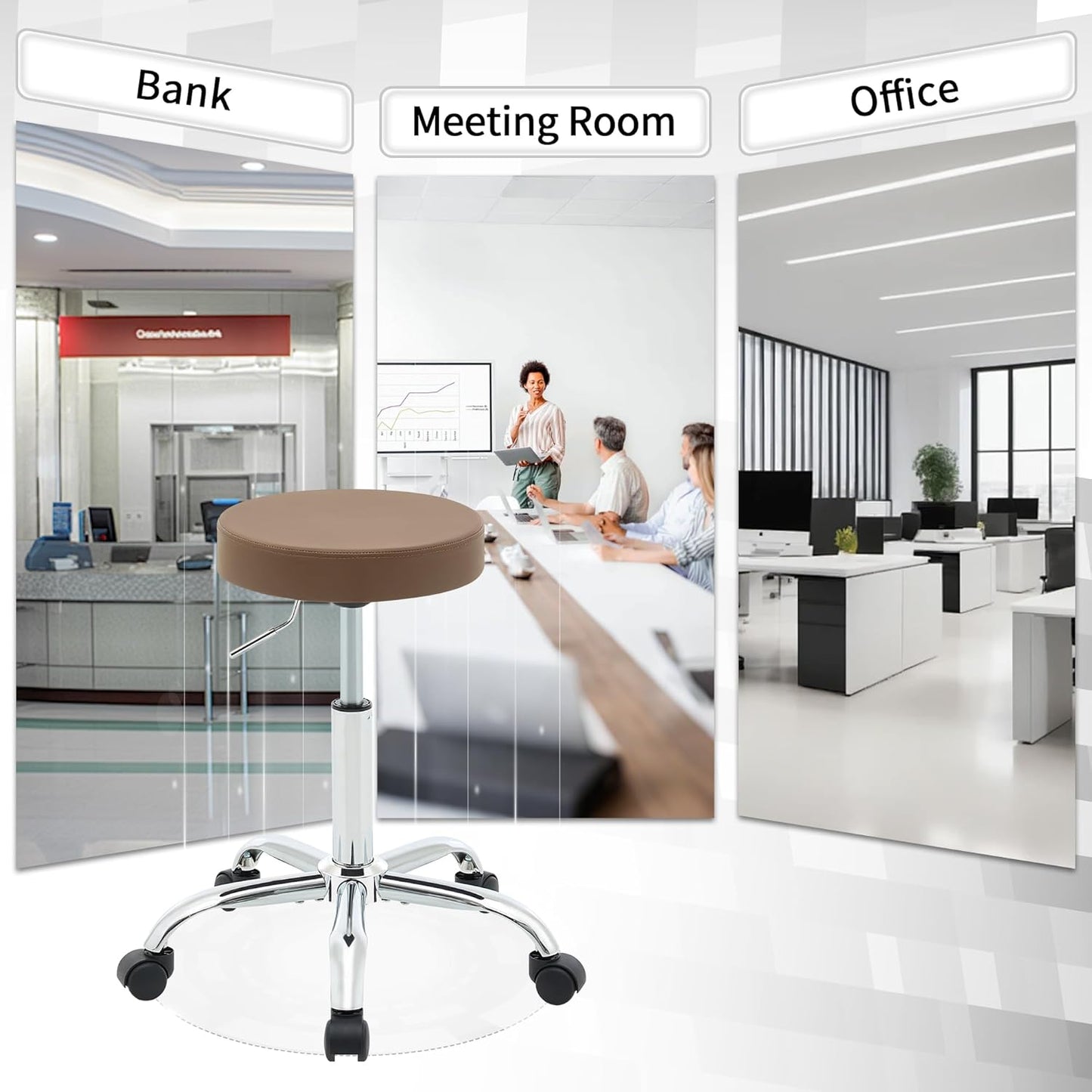 Adjustable Office Stool with Wheels 19.5’’-26.6’’, Brown Thick Cushion Backless Rolling Chair (Coffee Brown)