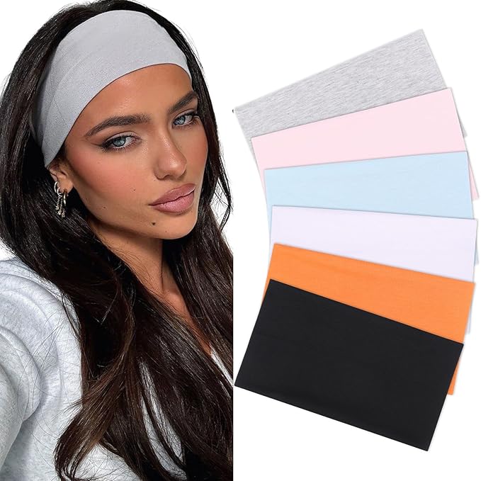 XTREND 6 Pcs Wide Headbands for Women Fashion Headband Stretch Headband Boho Head Bands Hair Band Turban Workout Sport Hairband Accessories (Black, Orange, Blue, Light Gray, White, Pink)