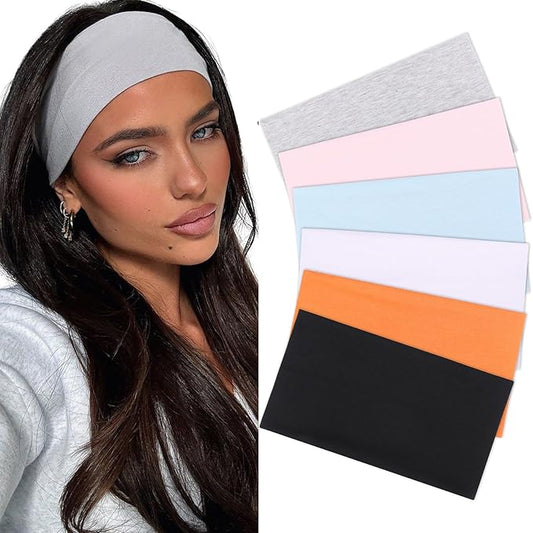 XTREND 6 Pcs Wide Headbands for Women Fashion Headband Stretch Headband Boho Head Bands Hair Band Turban Workout Sport Hairband Accessories (Black, Orange, Blue, Light Gray, White, Pink)