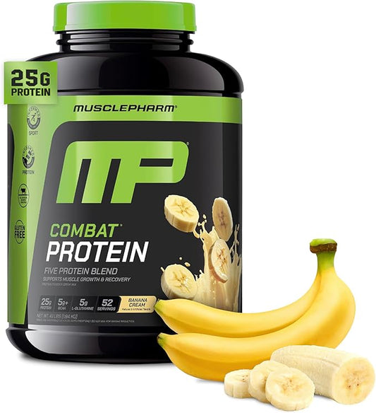 MusclePharm Combat Protein Powder, Banana Cream Flavor, Fuels Muscles for Productive Workouts, 5 Protein Sources including Whey Protein Isolate & Egg Albumin, Gluten Free, 4 lb, 52 Servings