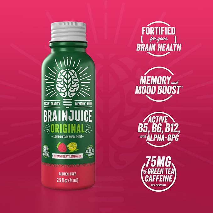 BrainJuice Energy & Focus Shot, Gluten Free Supplement, Healthy Drinks with Alpha GPC, Vitamin B & Organic Green Tea Extract Caffeine, Strawberry Lemonade, 2.5 fl oz, 12 Pack