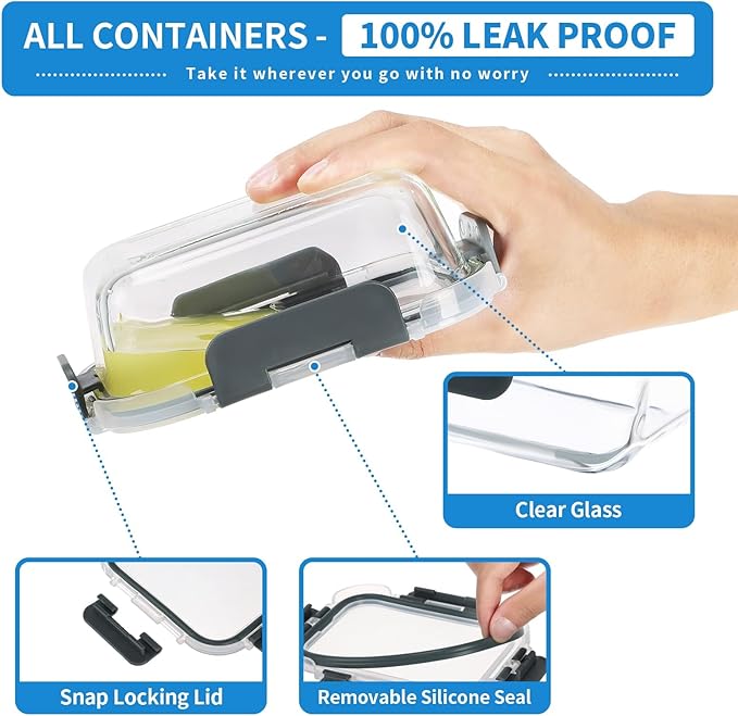 12 Pack 22oz Glass Meal Prep Containers, Food Storage Containers with Lids, Air-Tight, Leak-Resistant, Freezer to Microwave Safe - Grey Set