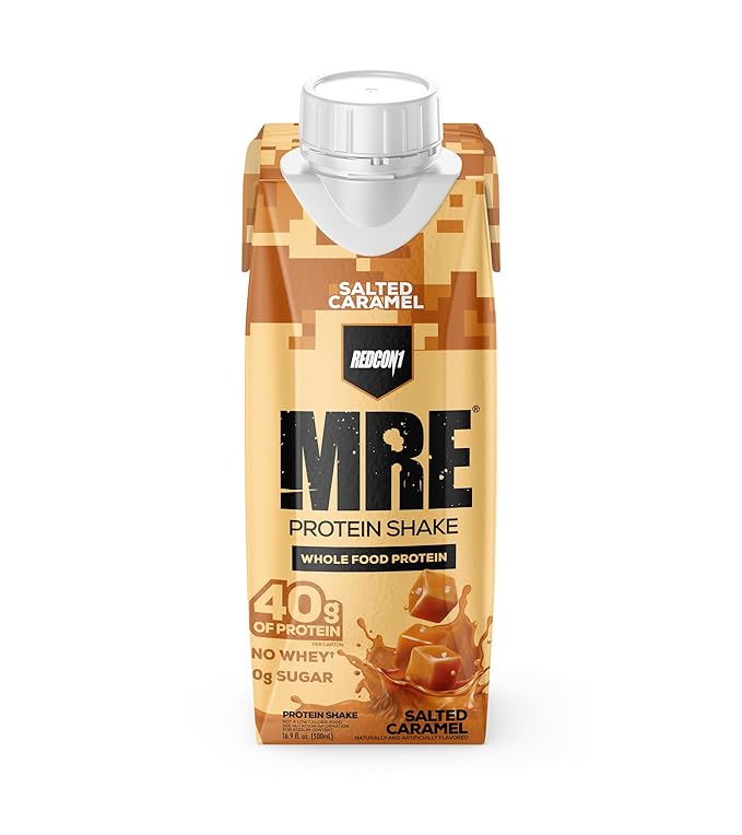 REDCON1 MRE Ready to Drink Protein Shakes, Salted Caramel - Protein Drinks with Whole Food Sources - Sugar Free RTD Shake Formulated to Fuel Athletes at Any Time (12 Pack)