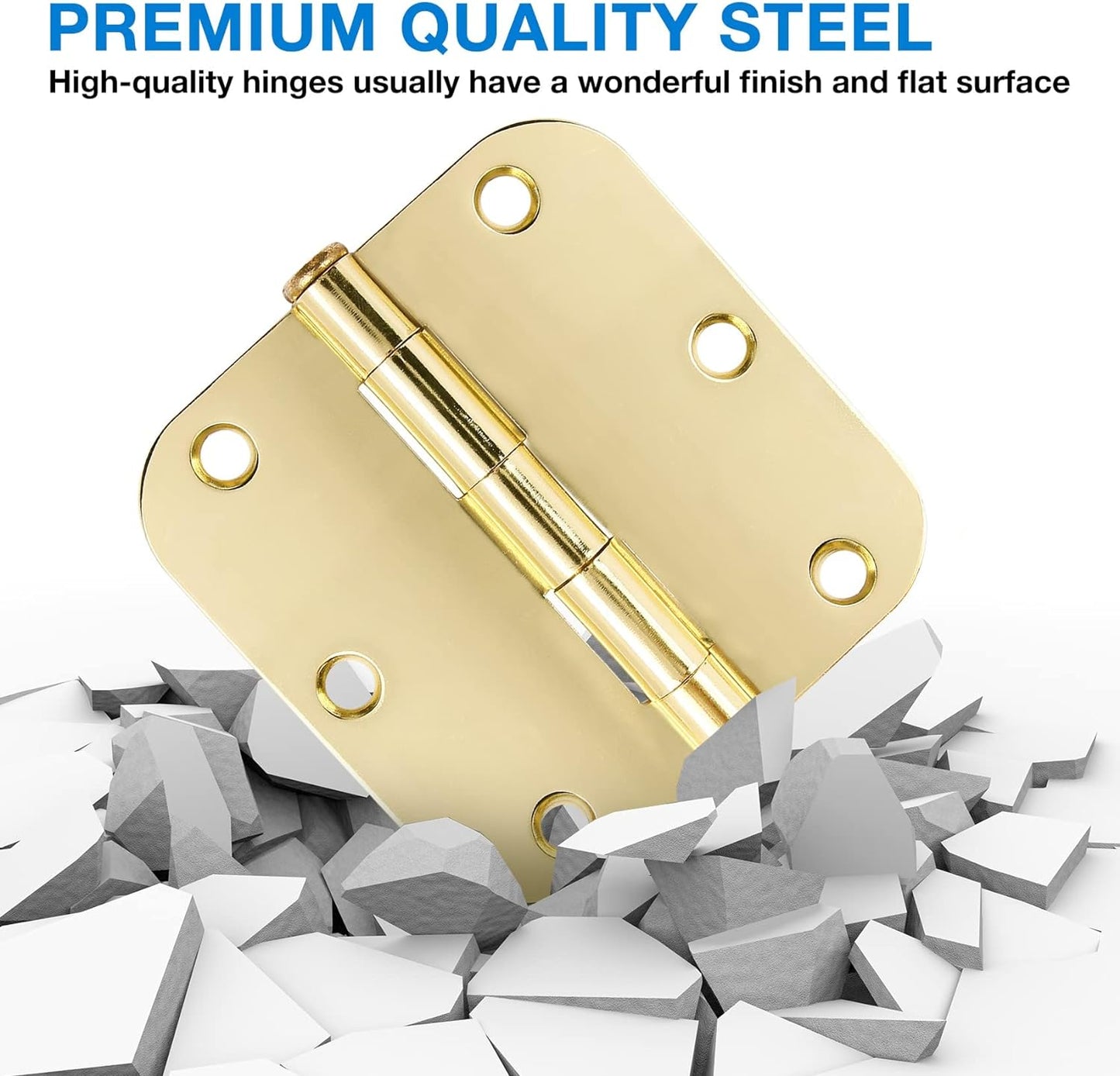 3 Pack Rounded Door Hinges 3-1/2" x 3.5 inch, 5/8 Radius, Polished Brass 3 ½ Inch Gold House Interior Hinge for Bed/Living/Guest/Pantry/Storage/Study/Work Room Doors Heavy Duty Steel Hardware Kit