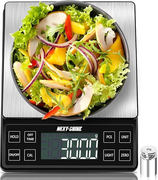 NEXT-SHINE Food Kitchen Scale 11lb 0.1g/0.01oz Precise Graduation, 9 Units Rechargeable Digital Scale Stainless Steel Platform LCD Display