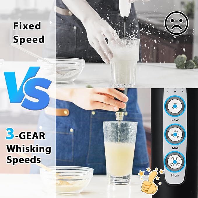 Milk Frother Rechargeable Handheld-Electric Whisk 3 Speed Adjustable, Frother Wand Coffee with 3 Stainless Whisks, Electric Foam Maker, Drink Mixer Blender for Latte Cappuccino Matcha Egg