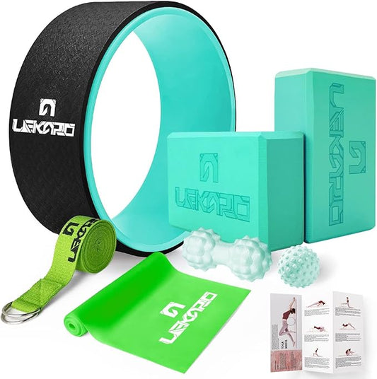 Yoga Wheel Set 9 in 1, Yoga Starter Kit for Beginner, Back Roller for Pain Relief & Deep Tissue Massage, Stretching, Improving Backbends, Size 13''