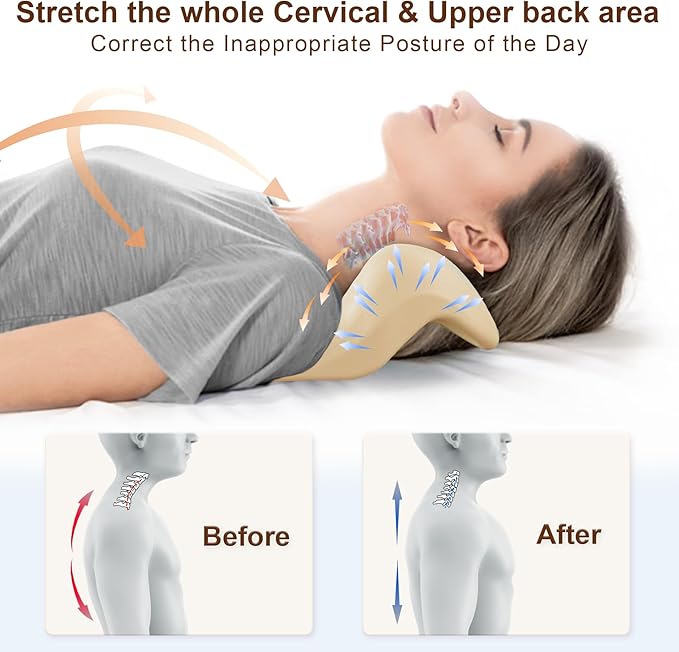 Neck and Shoulder Relaxer with Upper Back Massage Point, Cervical Traction Device Neck Stretcher for TMJ Pain Relief and Cervical Spine Alignment Chiropractic Pillow (Beige)