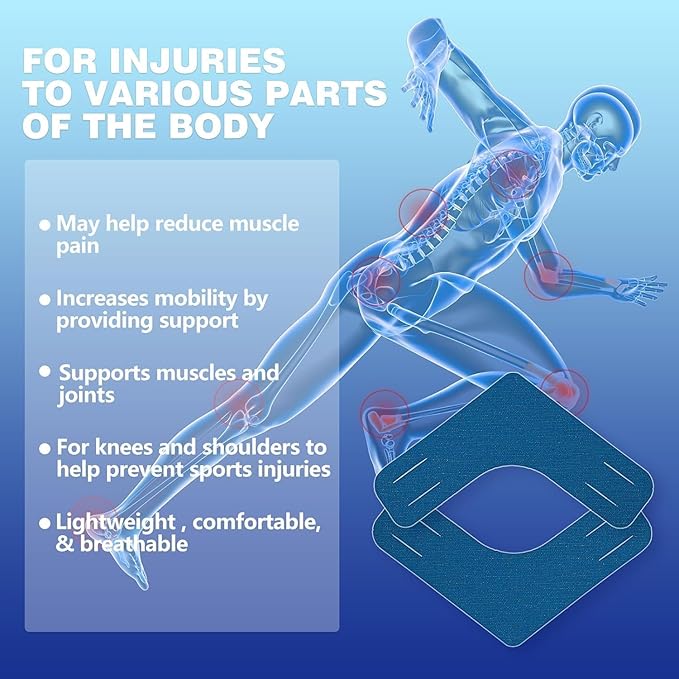 V-Knee Kinesiology Tape Precut Strips – 2 Inch Wide Waterproof Athletic Tape for Shoulders, Knees, and Muscles, Versatile Body Tape, 20 Count (Blue Color)