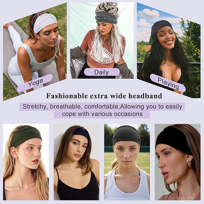 XTREND 6 Pcs Women Headbands African Fashion Wide Hair Wrap Boho Head Bands Sport Workout Stretch Non-slip Hairband Girls Accessories (Black, Army Green, Dark Grey, Red, Turmeric, Beige)