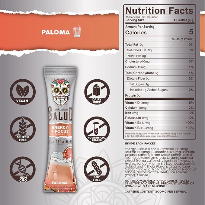 Salud 2-in-1 Energy Drink Powder + Focus, Paloma, Organic Caffeine, B6 + B12, Theanine, Clean Energy Drink Packets, Agua Fresca Mix, Non-GMO, Gluten Free, Vegan, 1g of Sugar, (15 Servings)