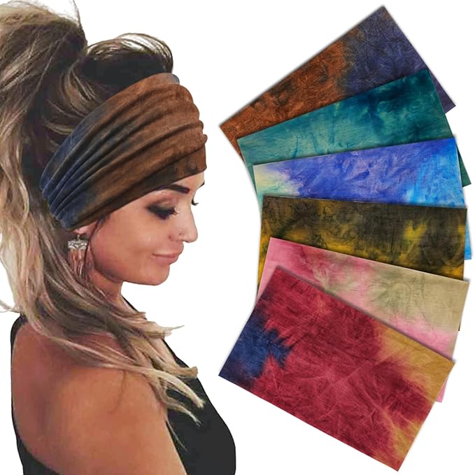 Wide Headbands For Women Stretch Headband Boho Head Bands Women's Hair Band Turban Workout Hairband Accessories Tie Dye 6 Pack