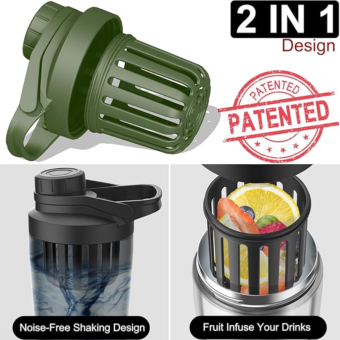 Stainless Steel Shaker Bottle with Noise-Free Design - Patented 24 oz Insulated Metal Shakers Bottles Cup for Protein Mixes and Pre Workout 100% Leak Proof (Black Forest)