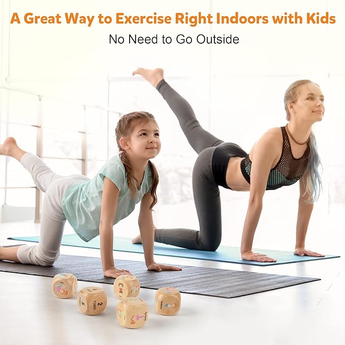 Wooden Yoga Dice Set for Kids, Fun Workout Game with 6 Exercise Dice, 12 Yoga Cards & A Box, Mindfulness Mother's Day Christmas Yoga Set for Girls & Beginners