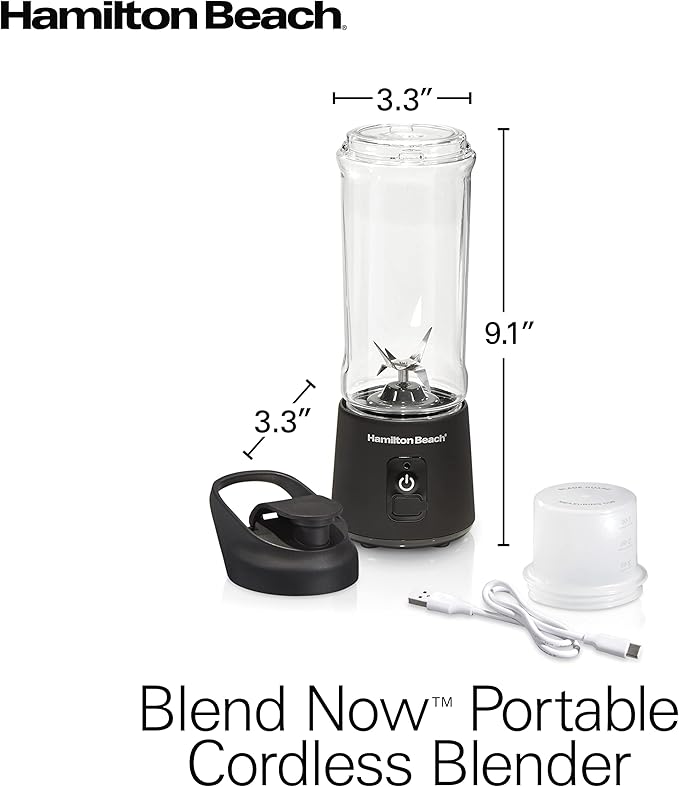 Hamilton Beach Mini Cordless Portable Personal Blender for Shakes and Smoothies, USB Rechargeable, 16 oz. Jar with Leakproof Travel Lid, 6 Stainless Steel Blades, Black (51180)