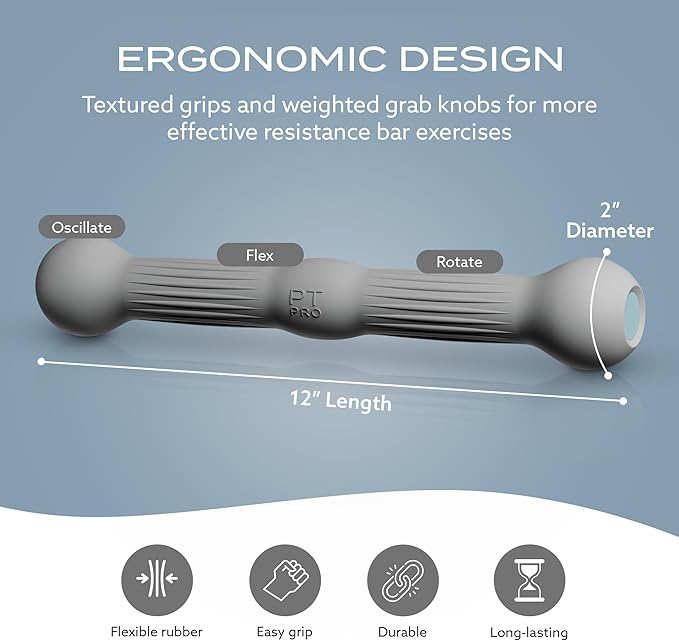 PT Pro Tennis Elbow Trainer For Physical Therapy, Textured Grip, Elbow Pain Relief, Resistance Bar For Tendonitis And Golfer's Elbow, Improve Grip Strength, Pickleball Elbow And Golfer's Elbow, Gray