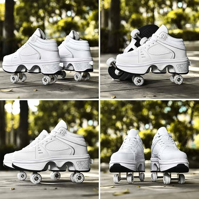 Roller Skate Shoes for Women Four Rounds Children's Roller Skates Shoes That Turn into Rollerskates Sneakers Outdoor Light Shoes with Wheels for Girls/Boys