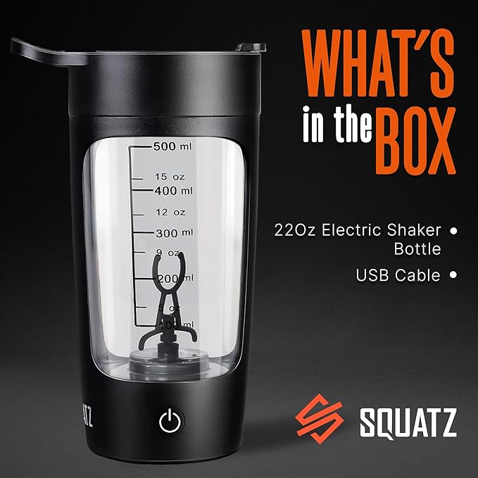 SQUATZ 22 Oz Electric Shaker Bottle - Rechargeable Automatic Protein Shake Blender Flask, Leak-proof & Easy to Clean, Smooth Drink in 15 Seconds, Ideal for Gym Shakes, Coffee, Milkshakes (Black)