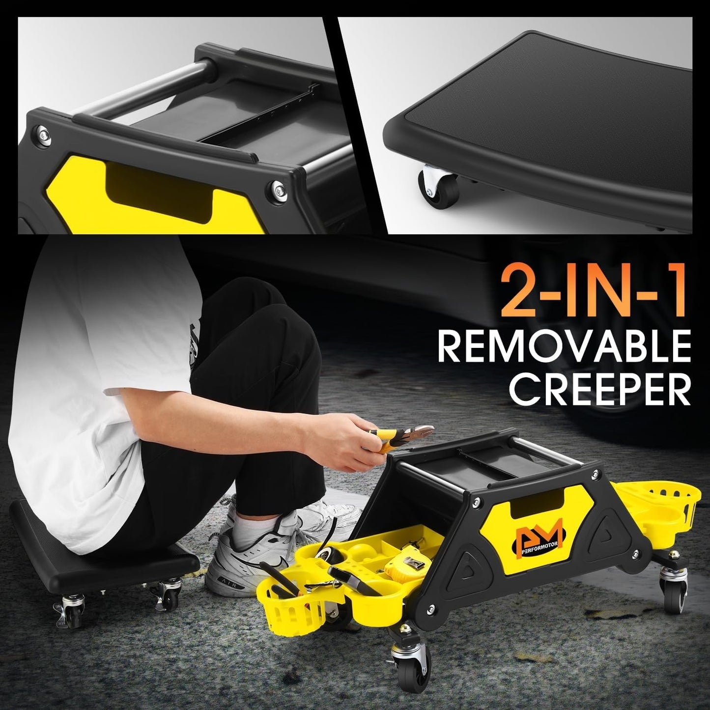 PM PERFORMOTOR Mechanic Stool - 25-1/2" x 13" x 12" (L x H x W), Rolling Work Seat w/Lockable Swivel Wheels and Storage Tool Tray, Yellow,PM-TOL-CRS-YL