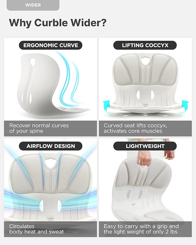 Curble Wider(Standard Wide) – Ergonomic Back Support Chair, Lumbar Support for Posture Correction & Back Pain Relief, Ideal for Office, Floor Seat & Work from Home, Patented (Grey)