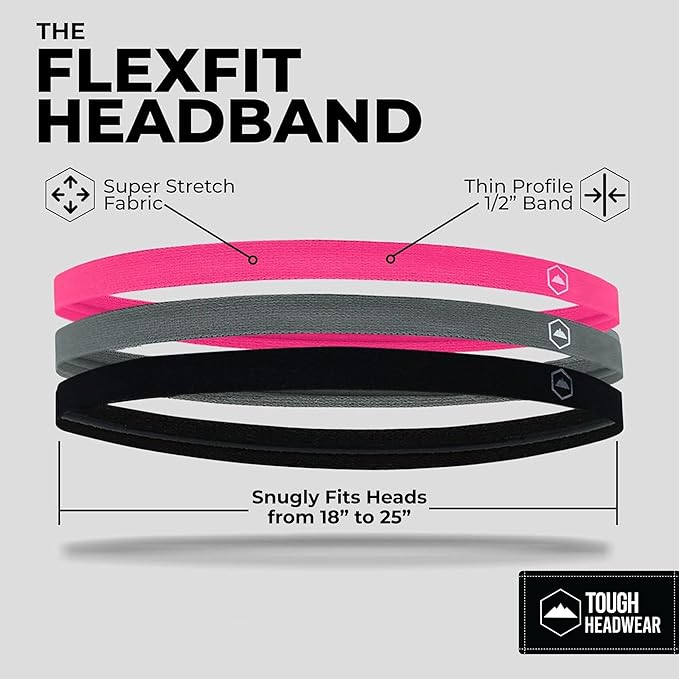 Tough Headwear Thin Elastic Headbands, Sports Headbands for Women & Men - Mens Workout Headband - Running or Soccer Headband - 6-Pack