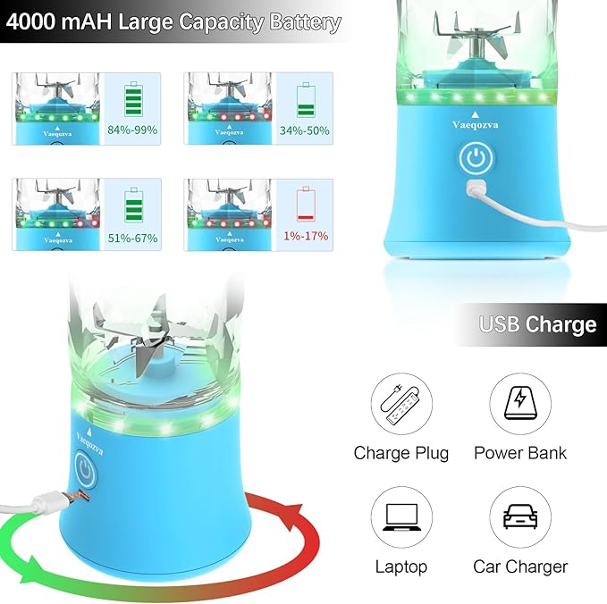 Portable Blender, Personal Size Blender for Shakes and Smoothies, Waterproof 20OZ USB Rechargeable Mini Blender Cup with 6 Sharper Blades 240W powerful Hand-held Blender for Kitchen/Home/Travel, Blue