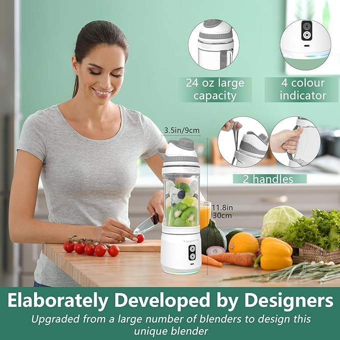 Portable Blender, Portable Personal Blender Smoothies 24oz 300W Travel Blender USB-C Rechargeable Blender Portable Blending Shakes Frozen Drinks BPA-Free Gym/Kitchen(Grey White)