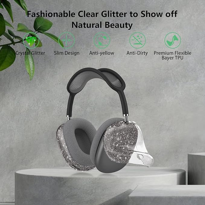 for AirPods Max Case Clear Black Glitter,Clear Case for Airpods Max Case Cover,Shockproof Anti-Scratch Soft TPU Protective Case No-Yellowing Accessories for AirPod Max Headphone-Black Glitter
