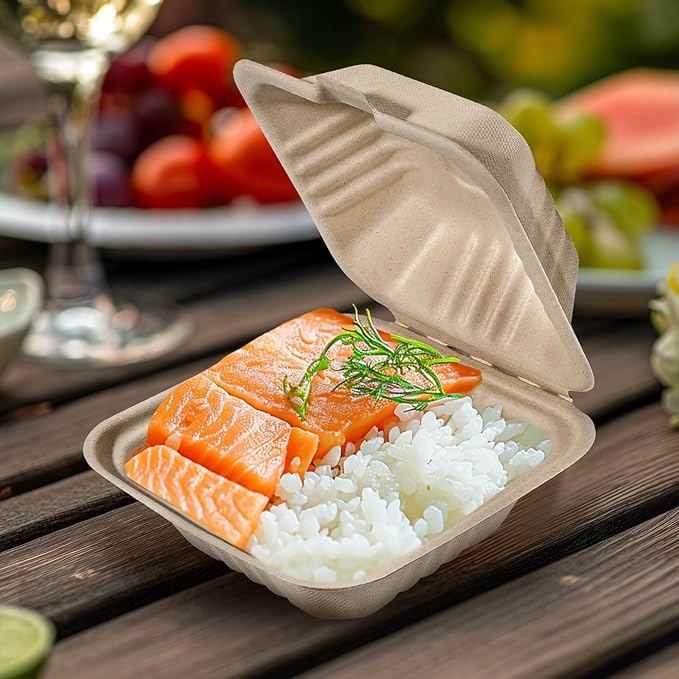 Aricsen Compostable 50 Pack 6x6 Inch Disposable Square Small Lunch Box Takeout Containers with Lid To Go Take Out Clamshell for Food, Eco-Friendly Biodegradable Bagasse, PFAS-Free, Unbleached Brown