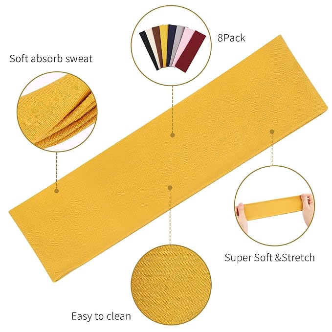 8 Pack Sport Headbands for Women, Elastic Soft Fabric Non-Slip Hair Bands Hair Warp for Daily Workout Yoga Running Sports, Combo 7