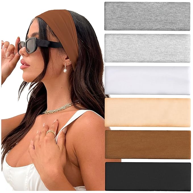 IVARYSS Workout Headbands for Women Non Slip, Premium Stretchy Soft Fabric Head Bands for Women's Hair, Wear for Yoga, Running, Sport, 6 Pack, Neutral Color