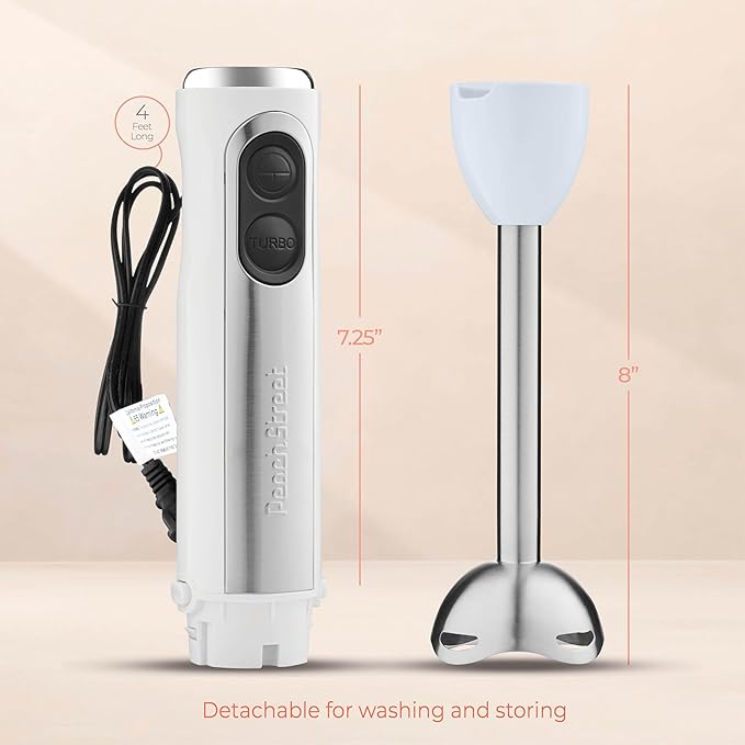 Powerful Immersion Blender, Electric Hand Blender 500 Watt with Turbo Mode, Detachable Base. Handheld Kitchen Blender Stick for Soup, Smoothie, Puree, Baby Food, 304 Stainless Steel Blades (White)
