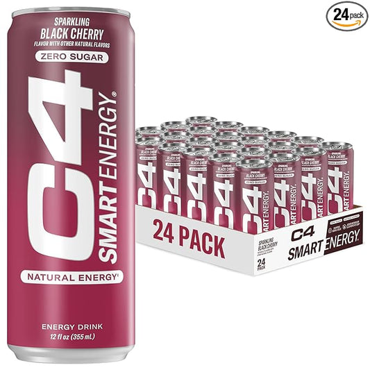 C4 Smart Energy Drink - Sugar Free Performance Fuel & Nootropic Brain Booster, Coffee Substitute or Alternative | Black Cherry 12 Oz - 24 Pack