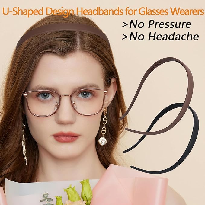2 Pack Flex No Pressure Headbands for Women - Matte Finish Comfortable Plastic Headbands with Teeth - Black, Coffee