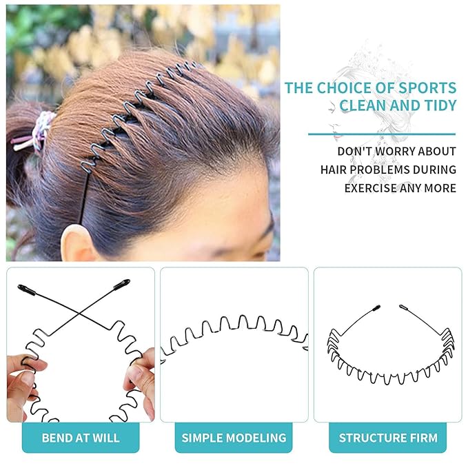 Metal Hair Bands for Men Womens Headbands Fashion Black Wavy Hair Band Spring Outdoor Sports Headbands Unisex Hair Bands Accessories Simple Elastic Headwear.