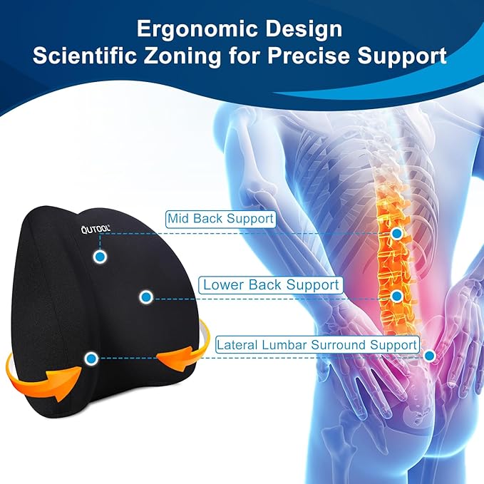 QUTOOL Lumbar Support Pillow for Office Chair, Memory Foam Low Back Support,Back Pain Relief, Ergonomic Large Back Cushion for Desk Chair,Gaming Chair,Adjustable Strap and Washable Cover