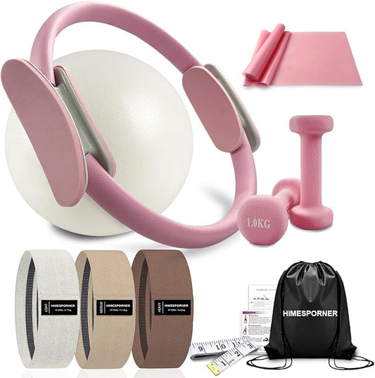 Pilates Ring Set 9 PCS, Magic Circle Yoga Ring, Pilates Ball, 2.2lb *2 Dumbbells, Resistance Bands, Tape Measure, Pilates Weight Kit Equipment Accessories for Home Workouts Fitness Yoga