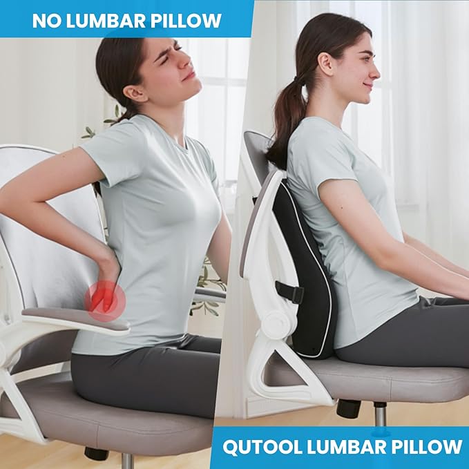 QUTOOL Lumbar Support Pillow for Office Chair,Office Home Essentials,Back Support Pillow for Car, Chair Cushions,Back Pain Relief Improve Posture,Mesh Cover Double Adjustable Straps
