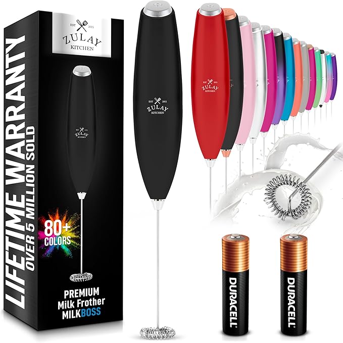 Zulay Kitchen Milk Frother Wand (2 Batteries Included) - Easy-Clean Drink Mixer - Electric Coffee Frother for Frappe, Matcha - Metallic Black