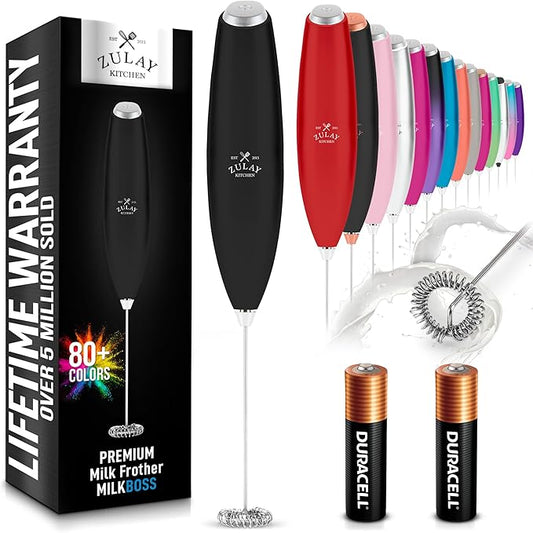 Zulay Kitchen Milk Frother Wand (2 Batteries Included) - Easy-Clean Drink Mixer - Electric Coffee Frother for Frappe, Matcha - Metallic Black