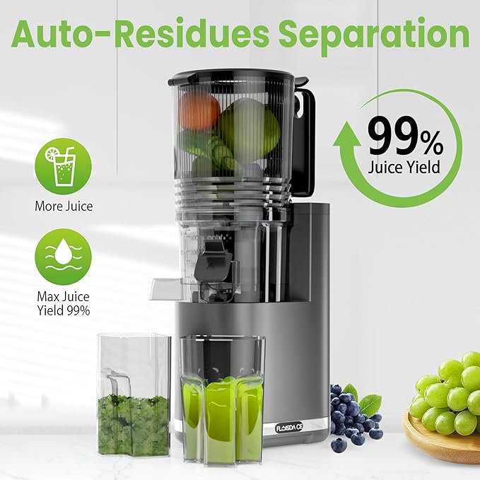 Cold Press Juicer, 6.5" Extra Large Feed Chute Juicer Machines, 350W Slow Masticating Juicer Machines with High Juice Yield for Whole Vegetables & Fruits, BPA Free, Titanium Gray, Easy to Clean