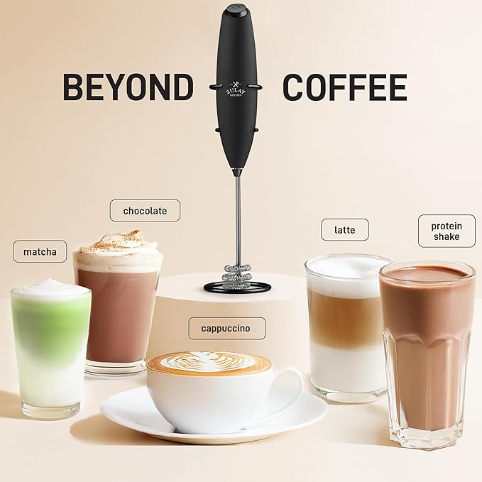 Zulay Kitchen Tornado Whisk Milk Frother with 4 AA Duracell Batteries - Triple Whisk for More Power - Handheld Coffee Frother with Stand - Drink Mixer for Lattes, Matcha & Protein Shakes