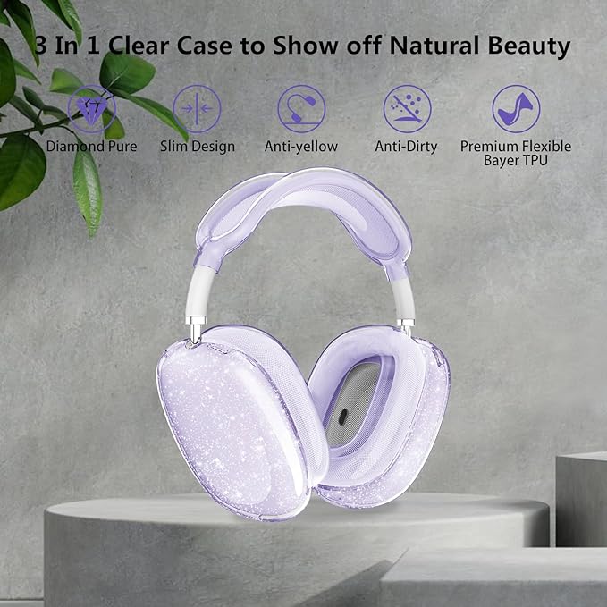 for AirPods Max Case Clear Glitter,3 in 1 Clear Soft TPU Ear Cups Case Cover/Ear Pad Case Cover/Headband Cover for Airpods Max Case Cover,Case for AirPod Max Headphone Accessories-Purple