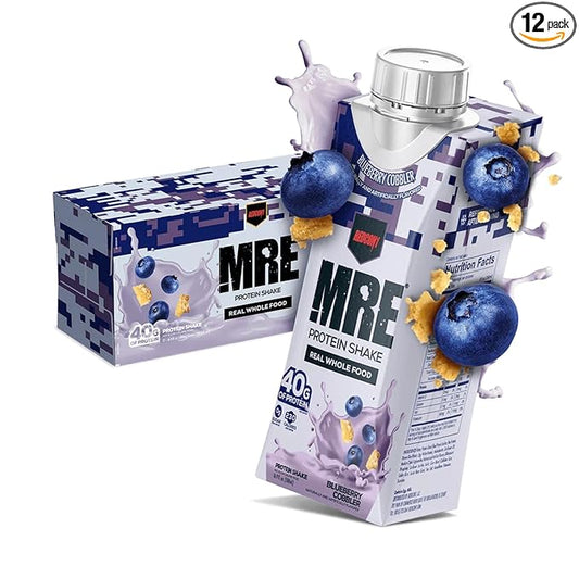 REDCON1 MRE Ready to Drink Protein Shakes, Blueberry Cobbler - Lactose + Whey Free RTD Protein Made with Real Whole Food Protein Blends - Keto-Friendly and Easy to Digest Nutritional Shake (12 Pack)