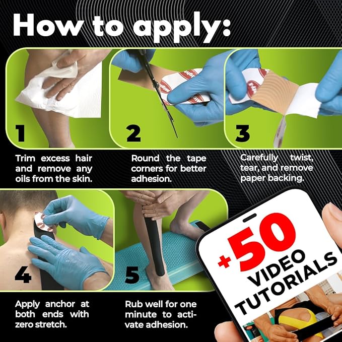 Waterproof Kinesiology Tape - 3 Rolls - Knee Support & Muscle Pain Relief - 16.4 ft Uncut Sports Kinetic Tape for Joint Stability - 50 Instructional Videos