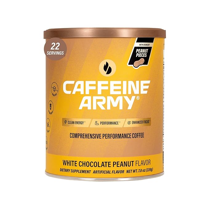CAFFEINE ARMY White Chocolate Peanut | Comprehensive Functional Coffee with MCTs, CoQ10, Collagen and Adaptogens: Clean Energy + Supports Daily Attention, No Jitters or Crash (7.8 oz 22 Servings)
