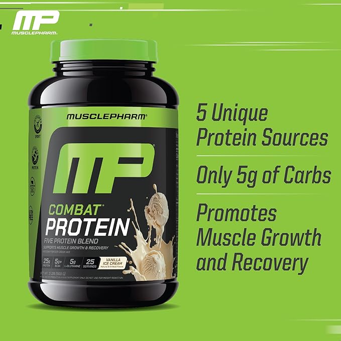 MusclePharm Combat Protein Powder, Vanilla Flavor, Fuels Muscles for Productive Workouts, 5 Protein Sources Including Whey Protein Isolate & Egg Albumin, Gluten Free, 2 lb, 25 Servings