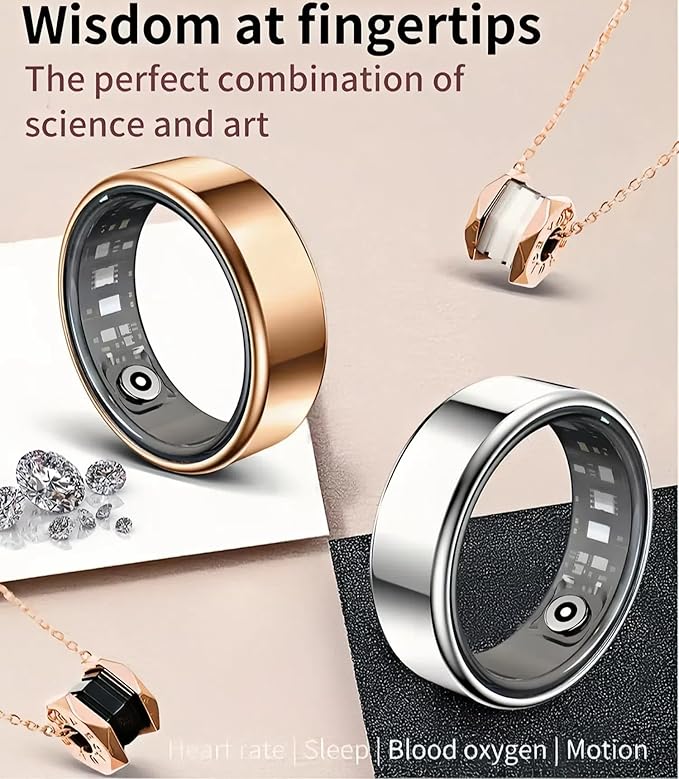 Smart Wellness Ring, Stylish Fitness Tracker with Heart Rate, Blood Oxygen, Blood Pressure, Sleep & Step Monitor. IP68 Waterproof, No Subscription, iOS & Android Compatible (Silver, 9)