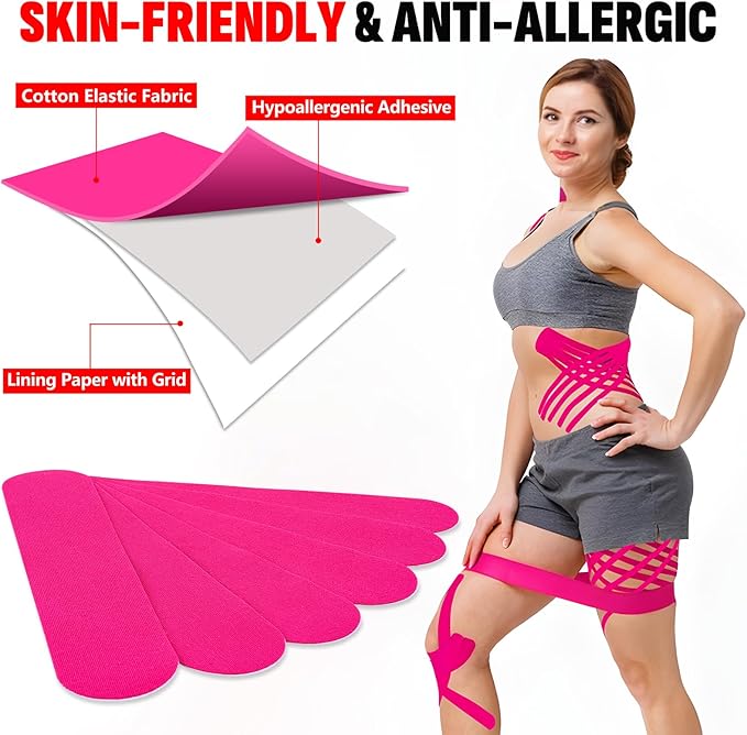 60PCS Precut Kinesiology Tape Strips, 2 inch x 10 inch Athletic Tape, Kinetic Tape, Elastic Muscle Tape, Sports Tape, Knee Tape for Exercise and Daily Use - Rose Red