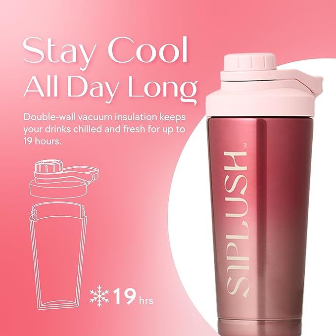 Paradise Shaker Bottle, 24 oz, Insulated Stainless Steel Protein Shaker, Smoothie and Pre Workout for Women, with Leakproof Twist-Off Chug Cap, Quiet Mixing, Pink Ombre, Pismo Sunset